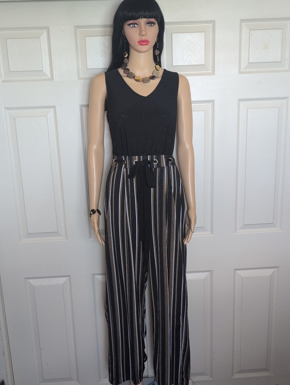 Wrapper Jumpsuit with Striped Wide-Leg Pants
